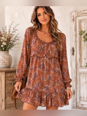 Loveriche Floral Ruffle Mini Dress Women’s L Brown Boho A29